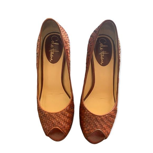 Cole Haan Basket Weave Leather Peep Toe Heels - Picture 3 of 5